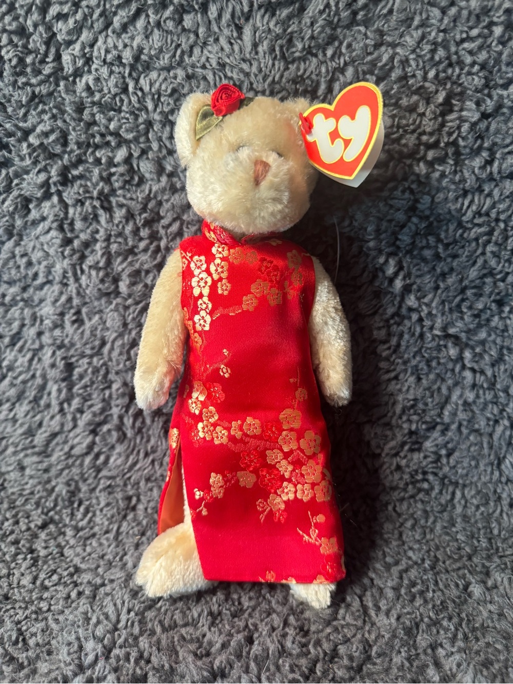 Ty Attic Treasures Plush Bear in Red Floral Cheongsam with Rose Accent